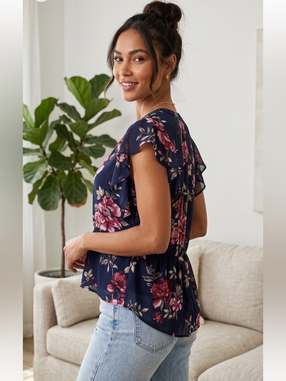Joie Crisbell 100% Silk Floral Blouse Navy Pink Ruffle Sleeve Top L - Picture 5 of 12